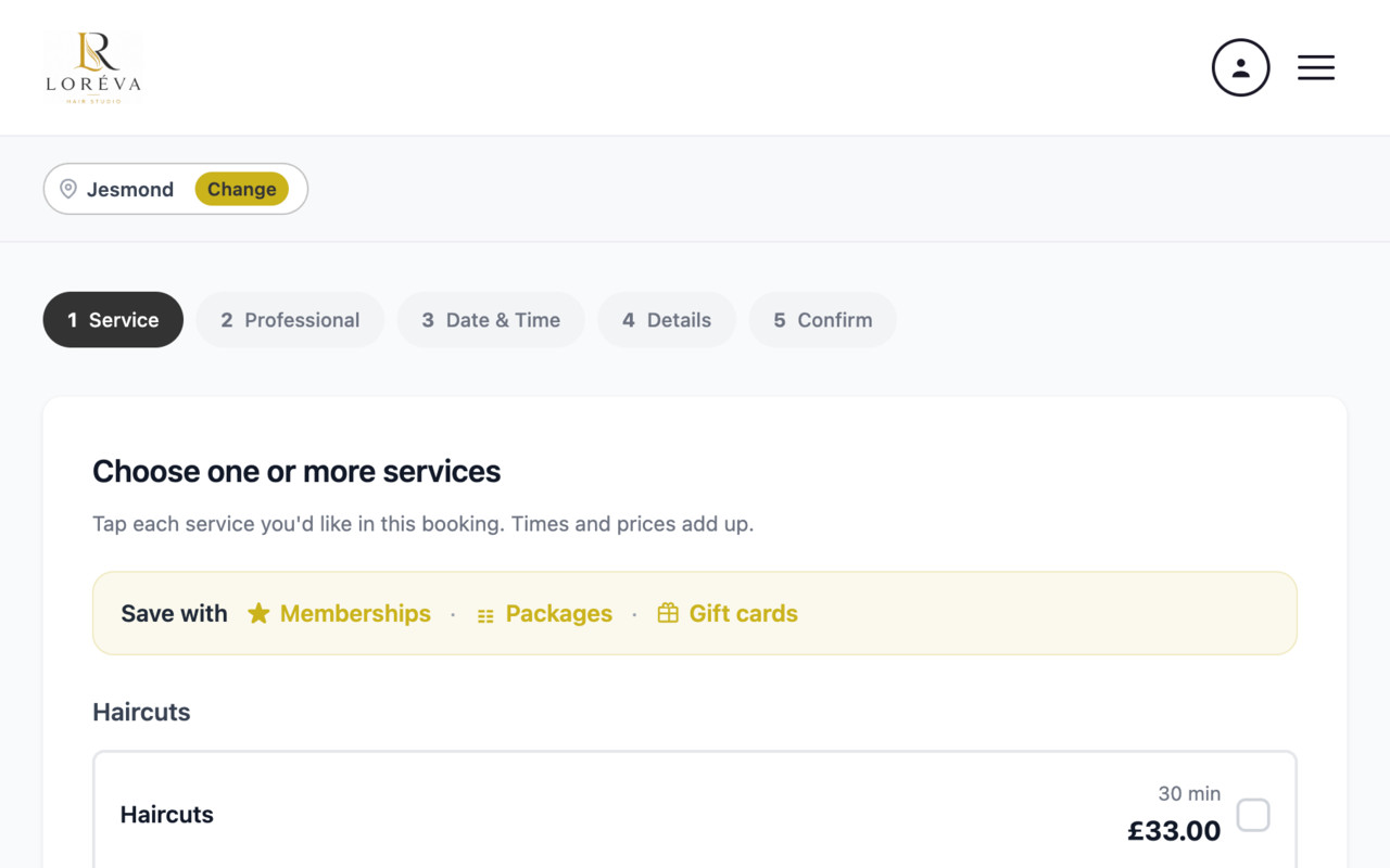 Velixa booking flow — service selection on the Loreva Hair Studio booking page
