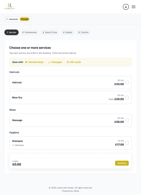 Velixa booking flow — service selection step